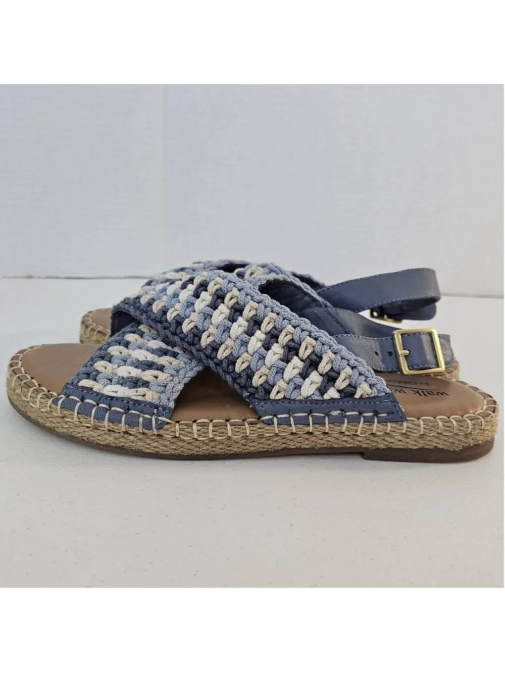 Coldwater Creek Walk With Me Cosita Blue Beige Crochet Espadrille Sandals 7.5